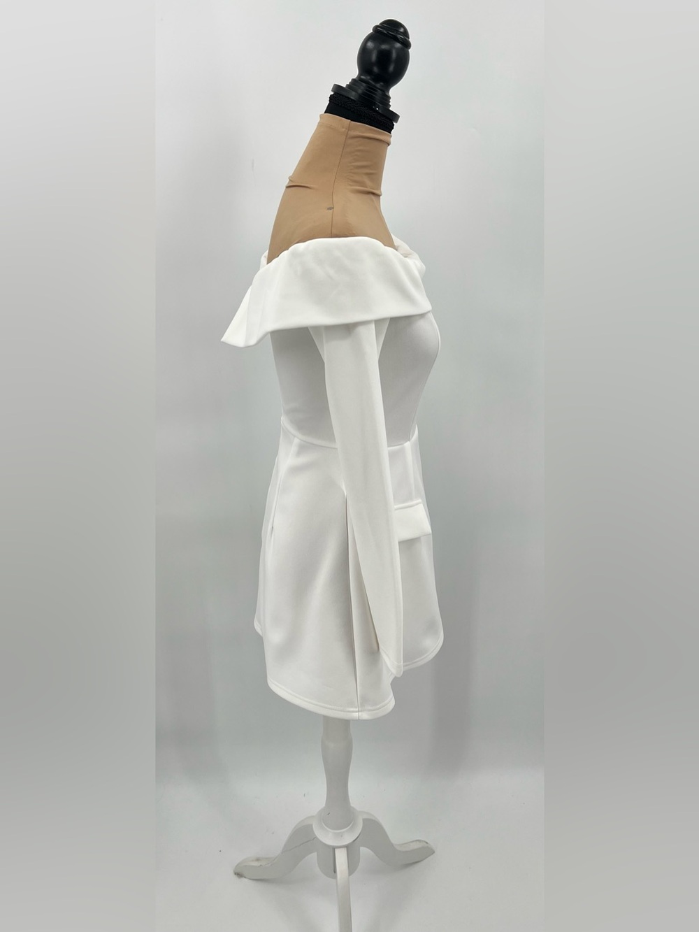 White Off Shoulder tailored Long Sleeve Mini Dress bridal coquette grad Dress S - Picture 4 of 13